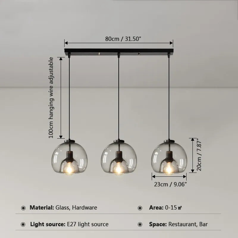 Smoke Gray Glass Pendant Lights: Minimalist Nordic LED Industrial Hanging Lamp