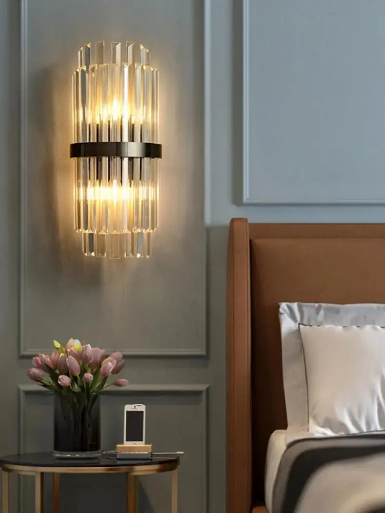 Art Deco Stainless Steel Crystal LED Wall Sconce Black Gold Bedroom Corridor