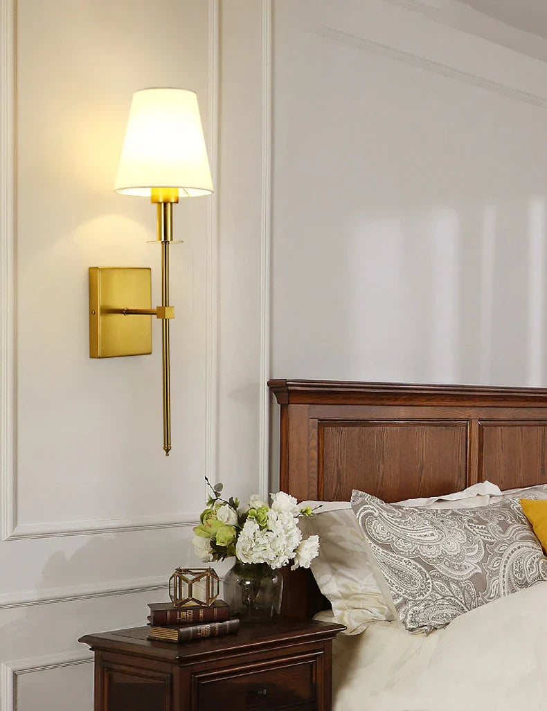 Black Brass Fabric Shade LED Wall Sconce for Bedroom & Mirror Decor