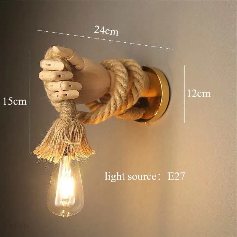 Hand Shape Hemp Rope Wall Light for Corridor Bar Restaurant, E27 Wall Decoration Lamp