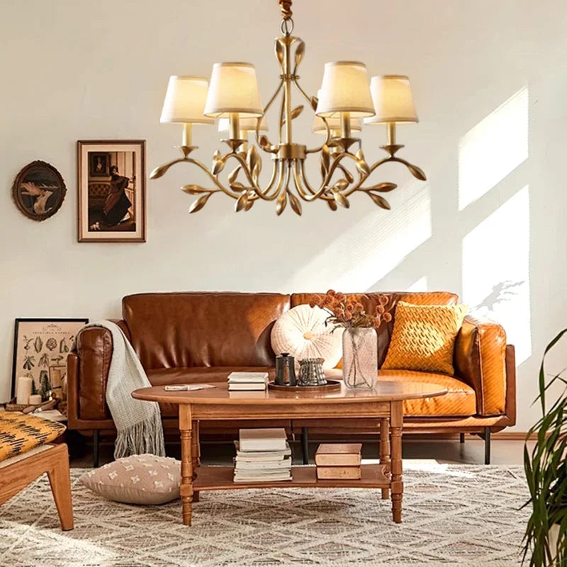 Gold Copper Chandelier with Fabric Shades & LED Lighting