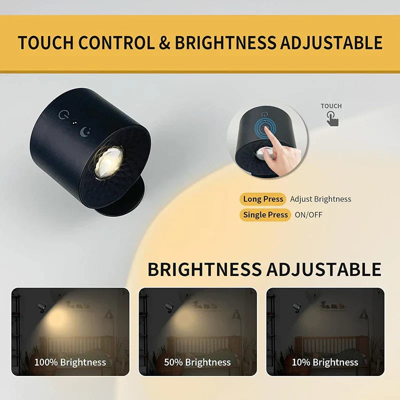 Double Head LED Wall Lamp Touch Control Remote, 360° Rotation, USB Rechargeable