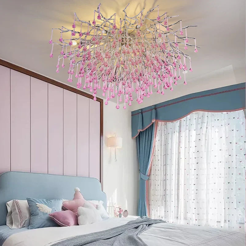 Kids' Pink Crystal Chandelier: Colorful Chrome Ceiling Light for Girls' Bedroom
