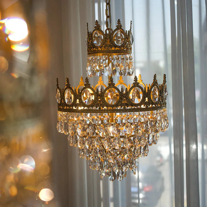 Crown Crystal Chandelier - Golden Vintage LED Pendant for Elegant Indoor Lighting