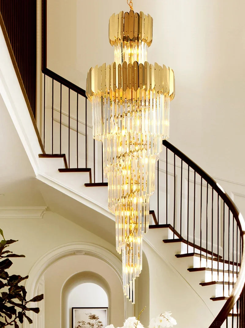 Golden Luxury Hotel Lobby Crystal Chandelier for Multi-Story Staircase Lighting