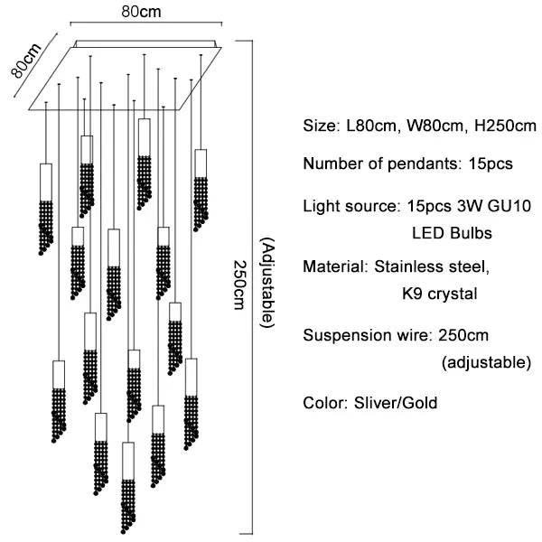Crystal Staircase Chandelier: Modern LED Lighting for Living Room, Hall, or Loft