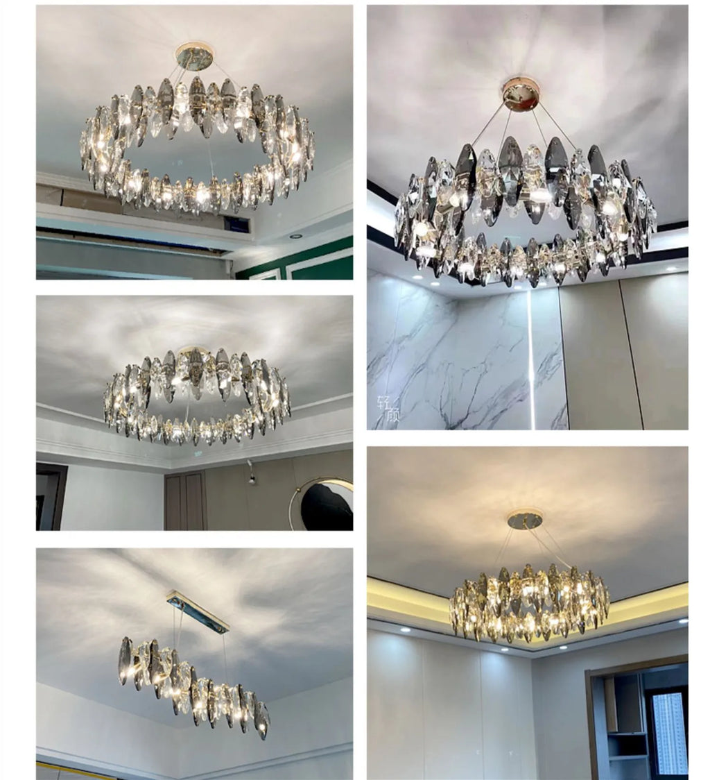 2024 Ash Crystal Ceiling Chandeliers, Modern Living Room Pendant Lamps, Home Decor Lighting