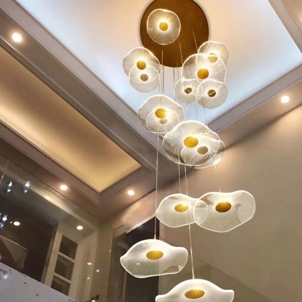 Gold LED Lotus Chandelier: Nordic Luxury Design for Staircase & Dining Room