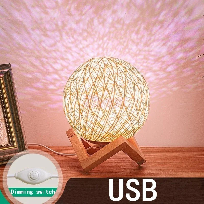 Minimalist Rattan Ball LED Table Lamp with Solid Wood Base