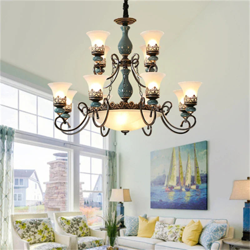 Vintage Ceramic Chandelier: European Classic Design, Glass Lampshade, Metal Arm Light