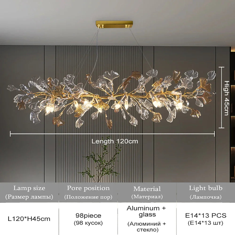 Round Glass Leaf Crystal Branch Chandelier for Bedroom, Living Room, Dining Room