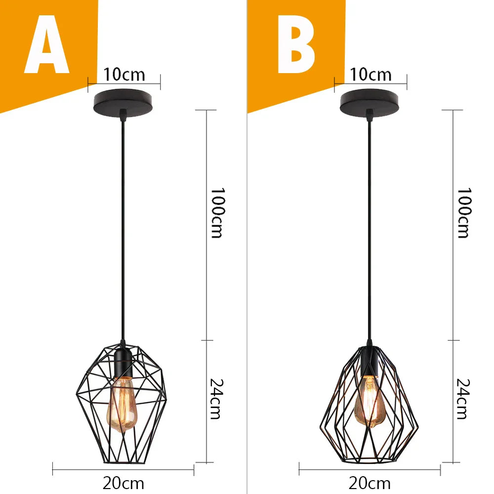 Black Metal Cage Pendant Light - Vintage Industrial Loft Kitchen Lighting