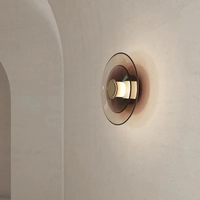 Amber Glass Disc Wall Lamp: Modern Minimalist LED Sconce Lighting Fixture