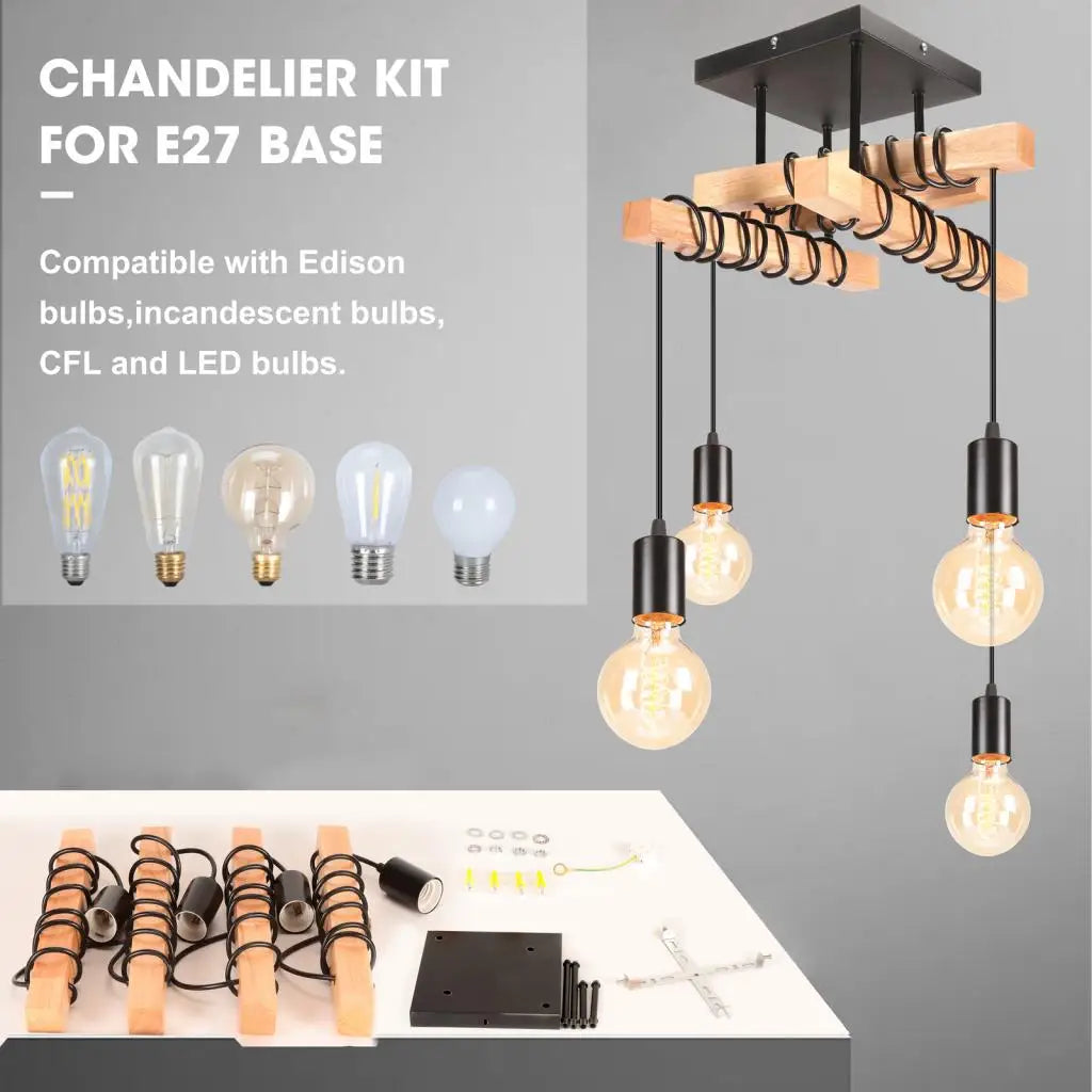 Vintage Industrial Wood Pendant Lights for Kitchen Island, Retro Loft Chandeliers