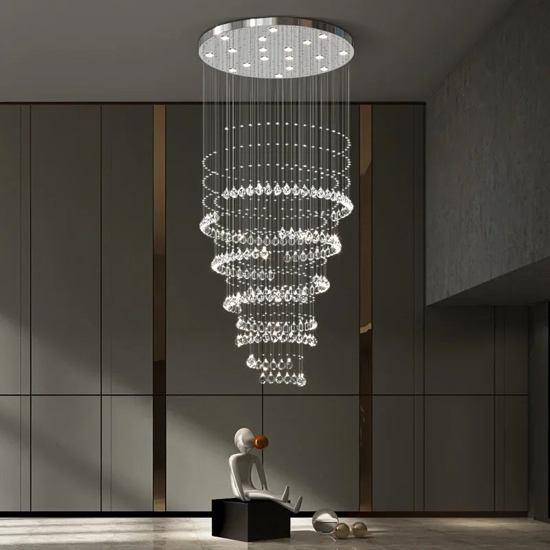 Crystal Chandelier for High Ceilings Living Room - Modern Luxury Spiral Stair Pendant Lamp