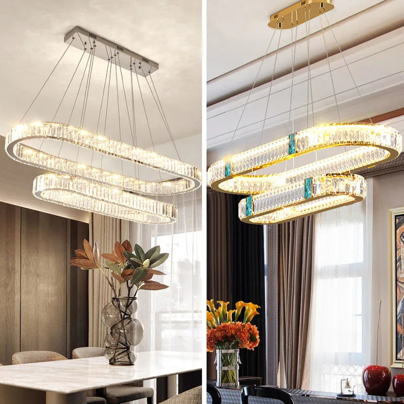 Oval Crystal Chandelier LED Pendant Lights Dimmable Luminarias Hang Lamp