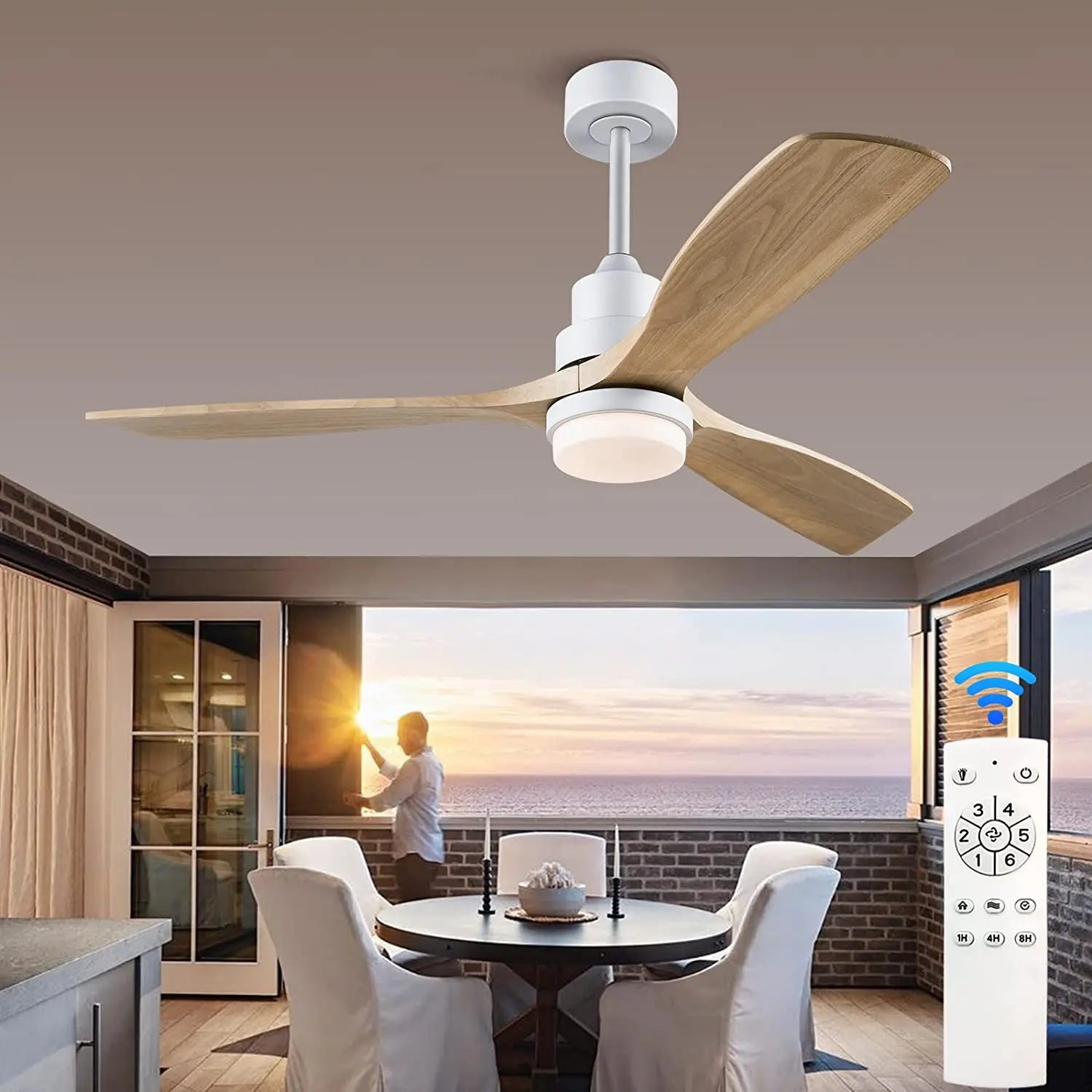 Nordic 52" Ceiling Fan with LED Light and Control - Modern White/Black Wood Chandelier