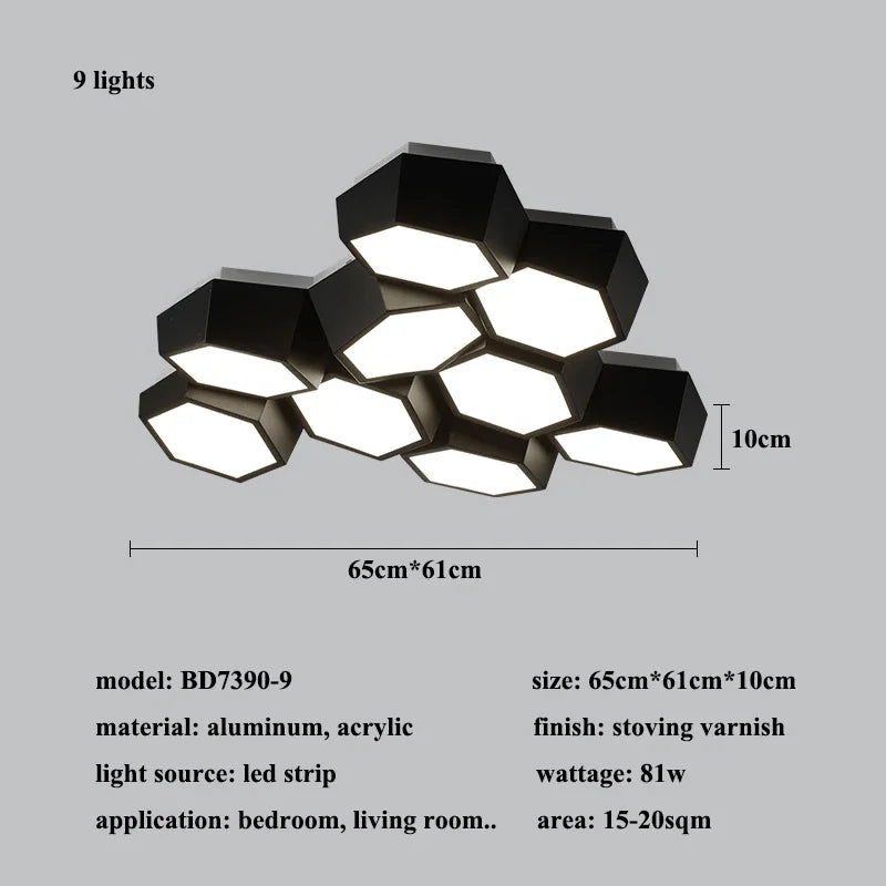 Hexagon LED Ceiling Lights, Smart Control Dimmable Chandelier for Living Room & Bedroom