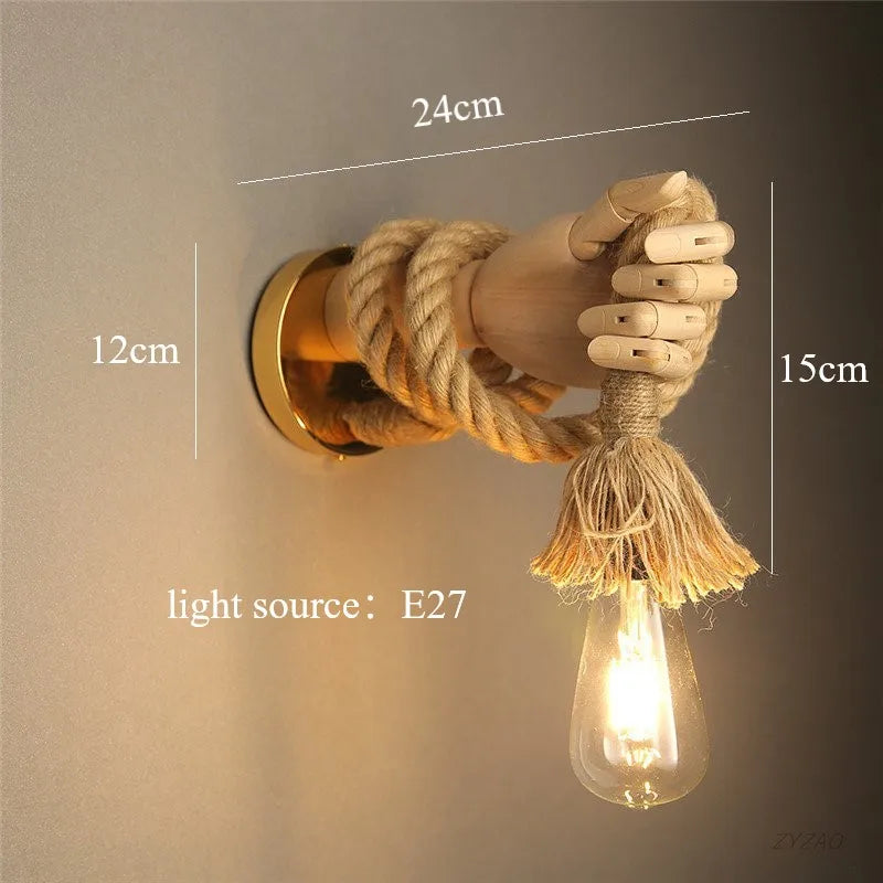 Hand Shape Hemp Rope Wall Light for Corridor Bar Restaurant, E27 Wall Decoration Lamp