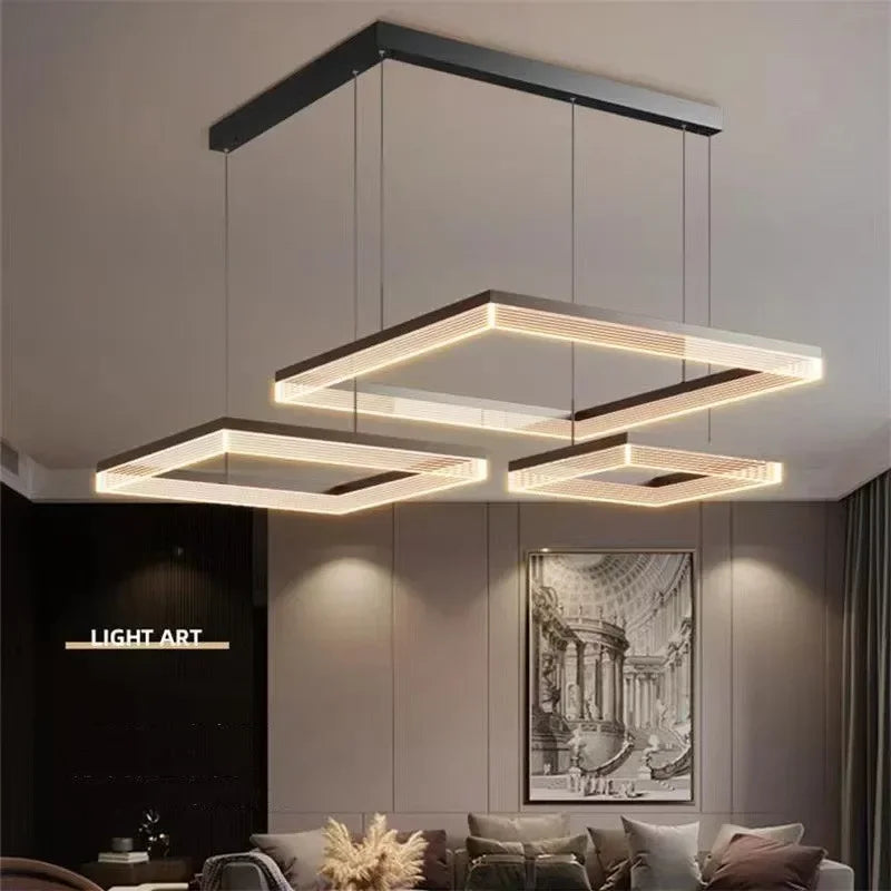 Nordic Black Square LED Chandelier: Dimmable Modern Lighting for Living Room, Bedroom