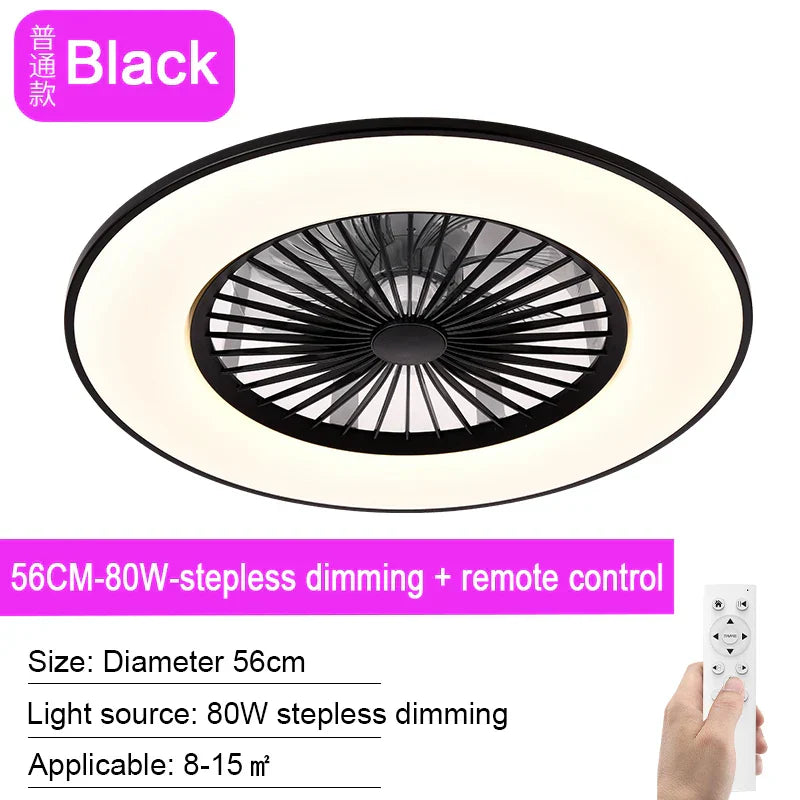 Modern Black 56cm Round Ceiling Fan with LED Light and Remote Control