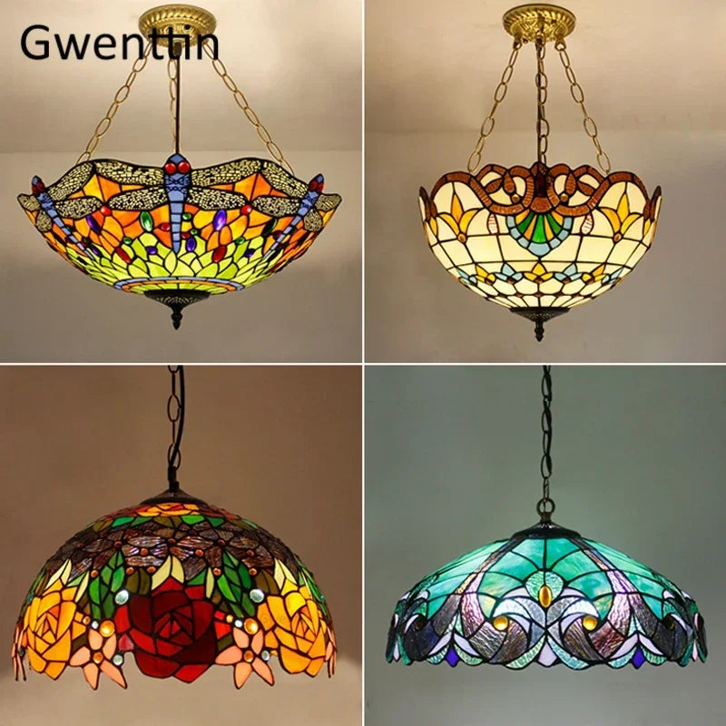 Mediterranean Tiffany Stained Glass Pendant Light Vintage Hanging Lamp Art Decor