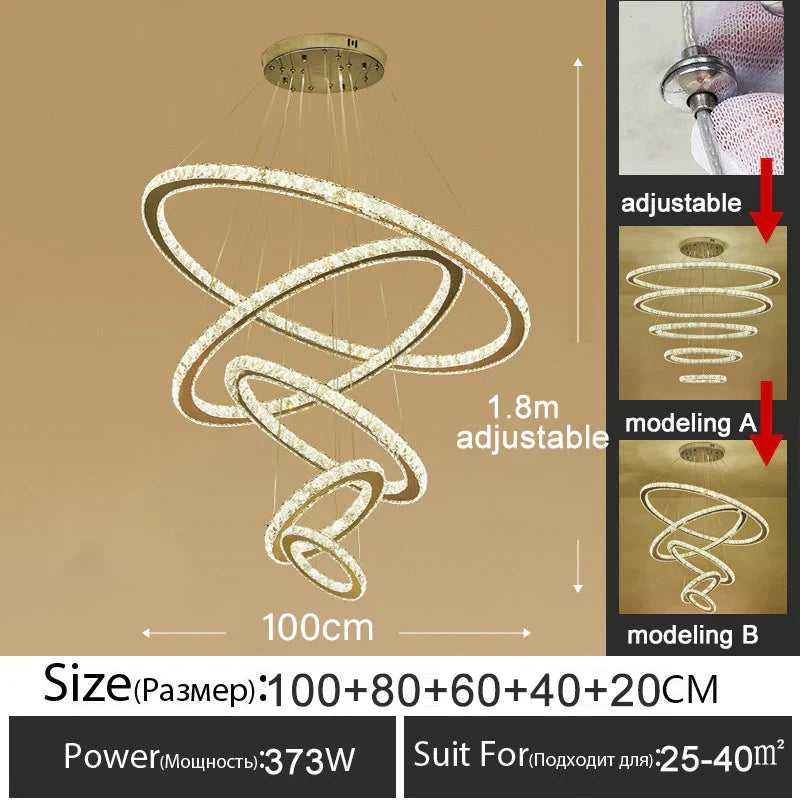 Gold Gloss LED Crystal Ring Chandelier for Modern Luxury Living Room