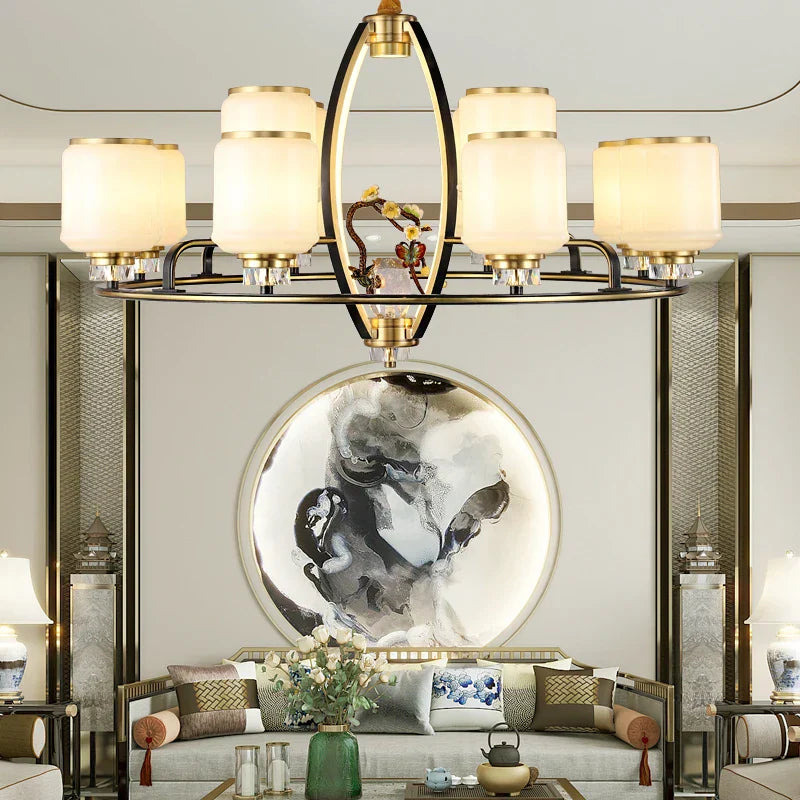 Chinese Natural Jade All Copper Chandelier for Luxury Living Room Villa