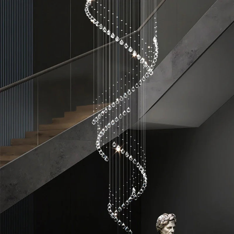 Crystal Chandelier for High Ceilings Living Room - Modern Luxury Spiral Stair Pendant Lamp