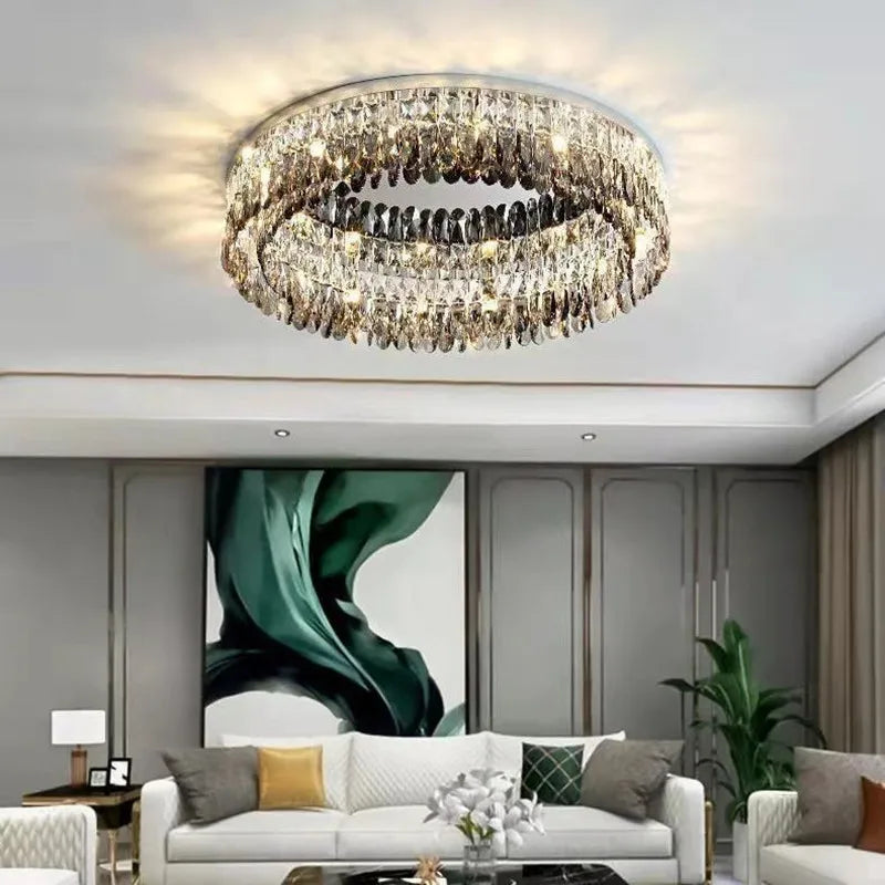 Smoke Grey Crystal Ceiling Lights: Modern LED Room Lamp for Living Room, Kitchen, Bedroom