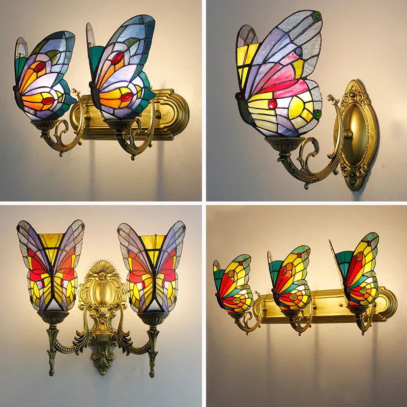 Butterfly Glass Sconces LED Wall Lamps Tiffany Mediterranean Bedroom Lighting