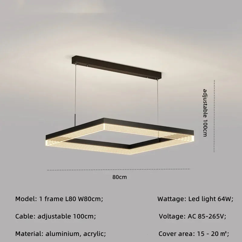 Nordic Black Square LED Chandelier: Dimmable Modern Lighting for Living Room, Bedroom