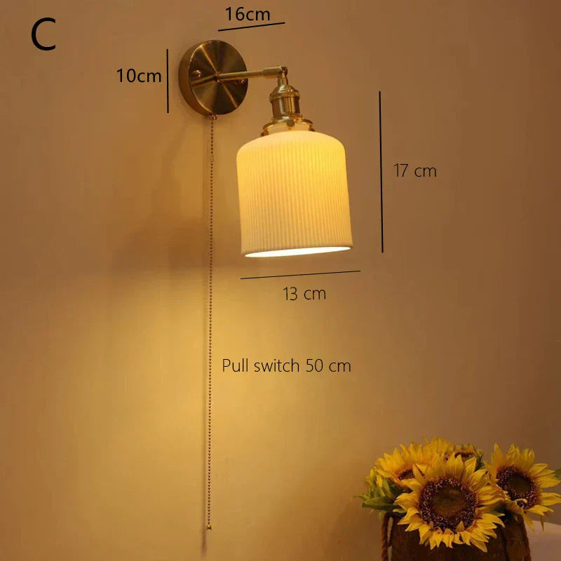 Ceramic Sconce Lamp, Vintage Brass Wall Light, Modern Minimalist Bedside Reading Lamp