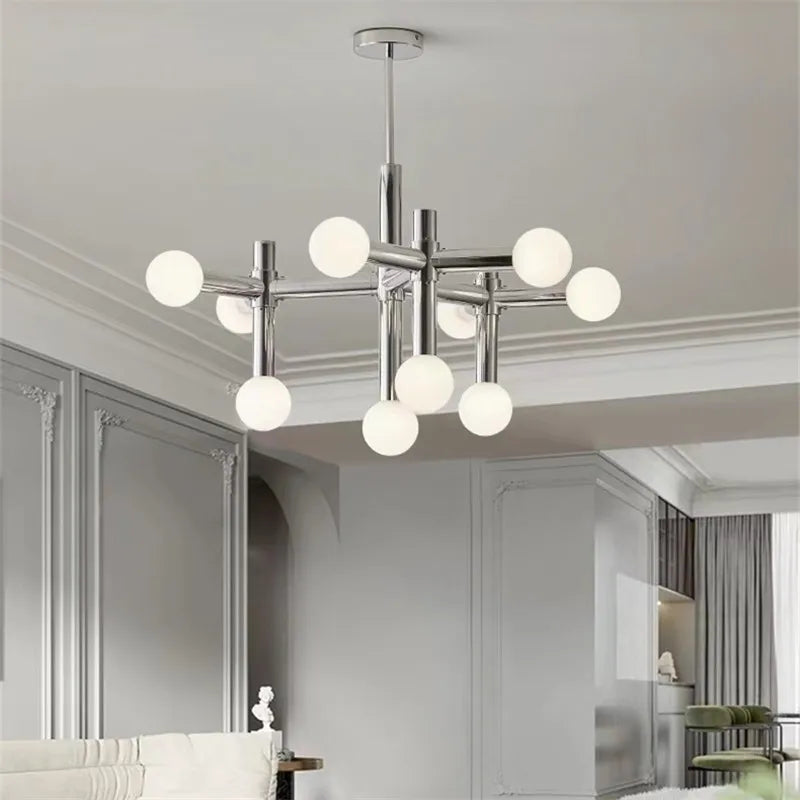 Tubular Chrome Chandelier with White Glass Shades - Modern Mid-Century Lighting