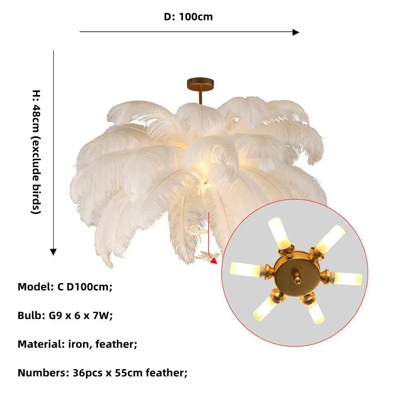 Ostrich Feather Gold Chandelier Lighting: Nordic Style Rod Hanging LED Chandelier for Living Room