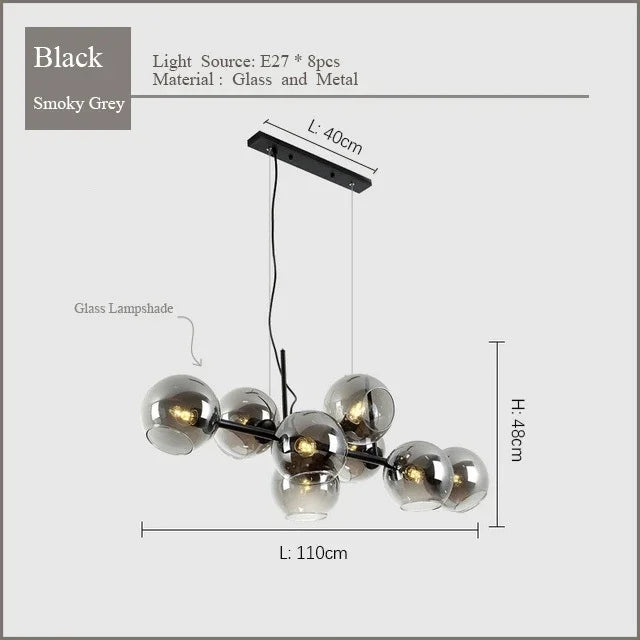 Black Gold Molecule Glass Ball Chandelier Modern Loft Lamp Living Room Kitchen Island Light