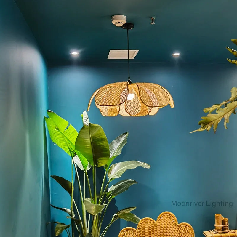 Petals Rattan Chandelier: Japan Style Wicker Pendant Lights for Living Room