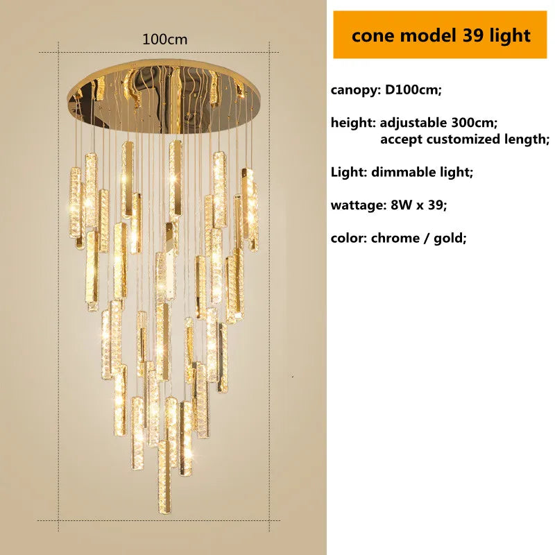 Crystal Lustre Pendant Lights with Dimmable LED, Adjustable Cable - Gold Chrome Steel