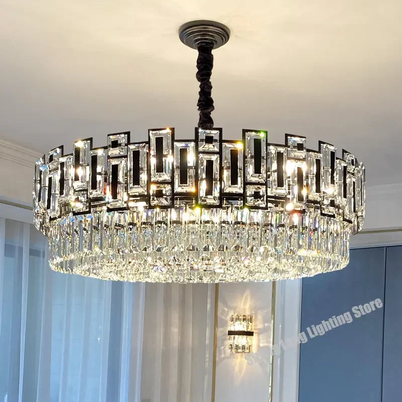 Crystal LED Chandeliers Black Round Pendant Light for Living Room Dining Indoor Kitchen Bedroom