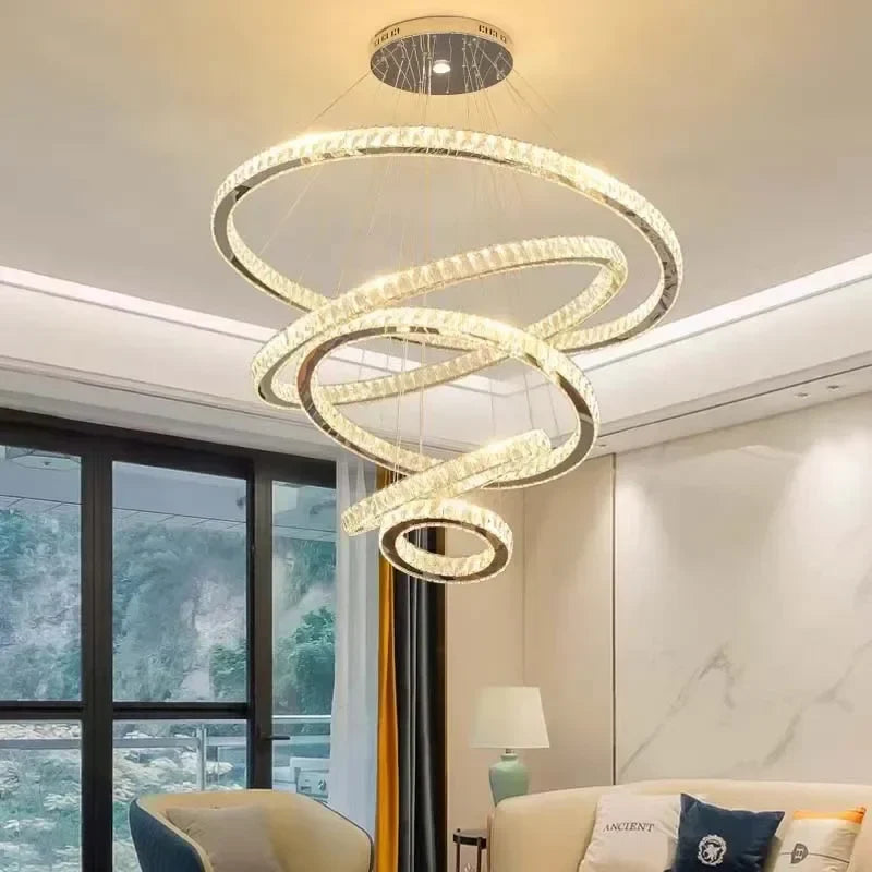 Gold Rings LED Chandelier: Modern Long Villa Staircase Pendant Lighting Fixtures