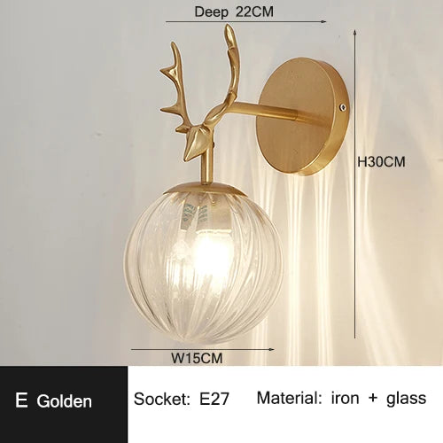 Retro Antlers Glass Ball Wall Lamp for Indoor LED Decor Lighting