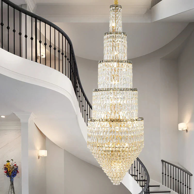 Crystal Hollow Long Chandelier: Elegant Duplex Villa Hall Lighting