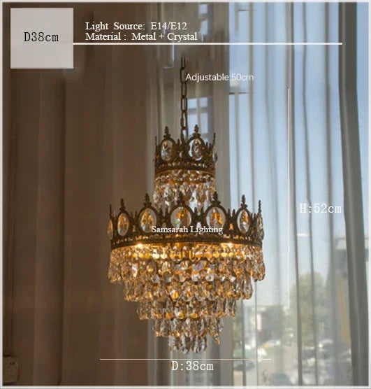 Crown Crystal Chandelier - Golden Vintage LED Pendant for Elegant Indoor Lighting