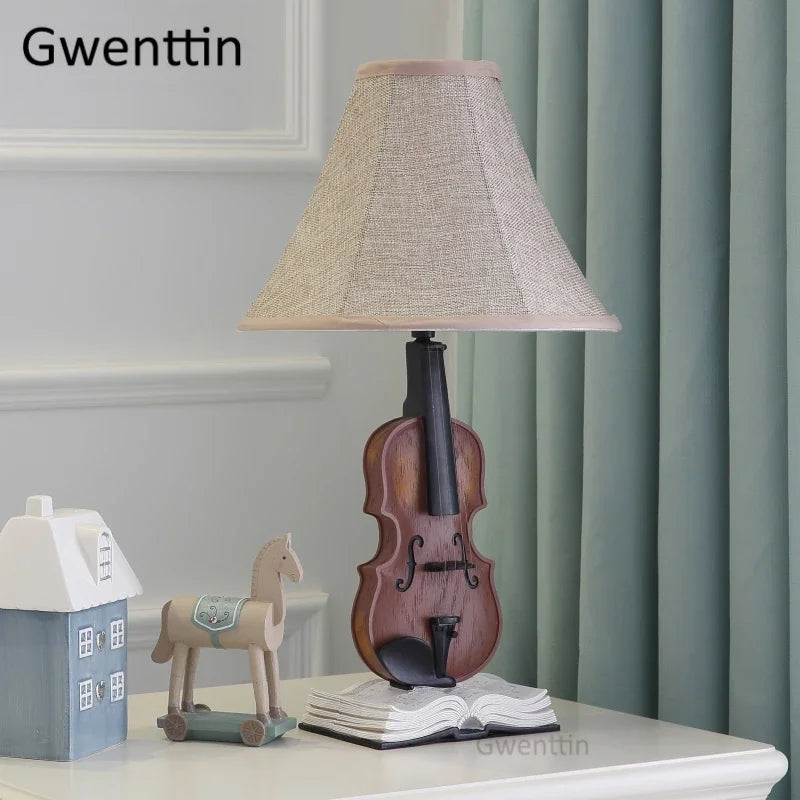 Kids Violin LED Table Lamp for Bedroom - Modern Fabric Stand Light