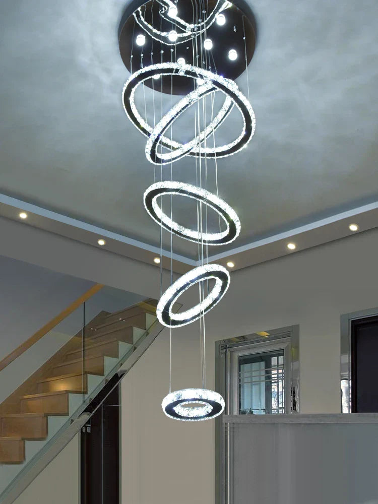 Chrome Rings Crystal Chandelier: Modern Luxury Staircase Lighting for Villa Lobby Fixtures