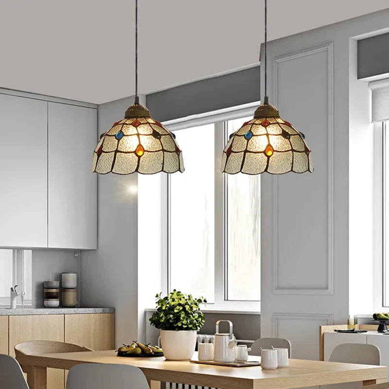 Stained Glass Pteris Pendant Light Chandelier for Dining Room and Bedroom