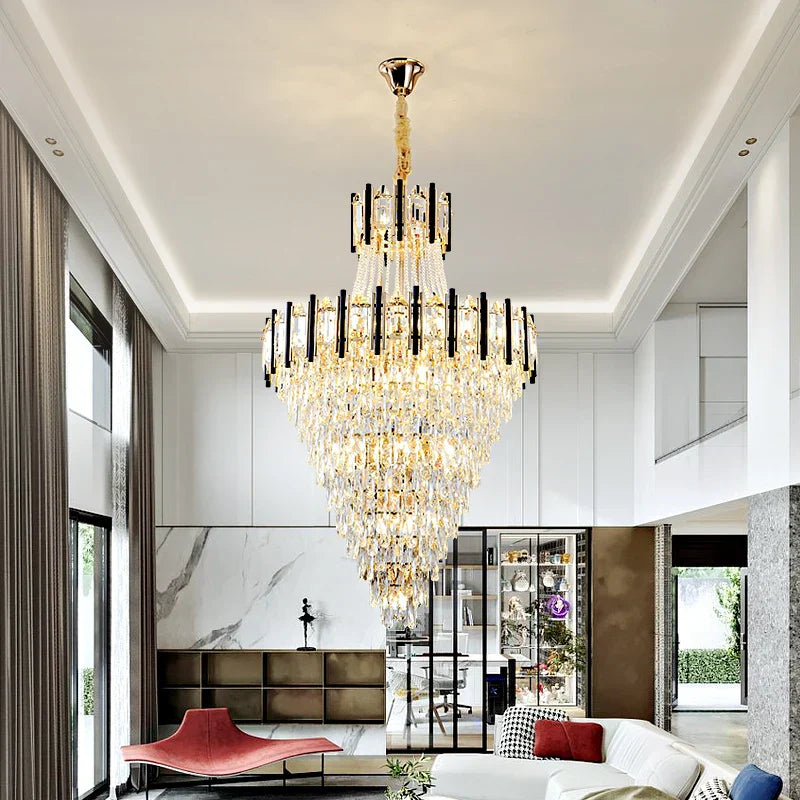 Crystal Chandelier Light: Villa Living Room Luxury Loft Spiral Staircase Long Chandelier