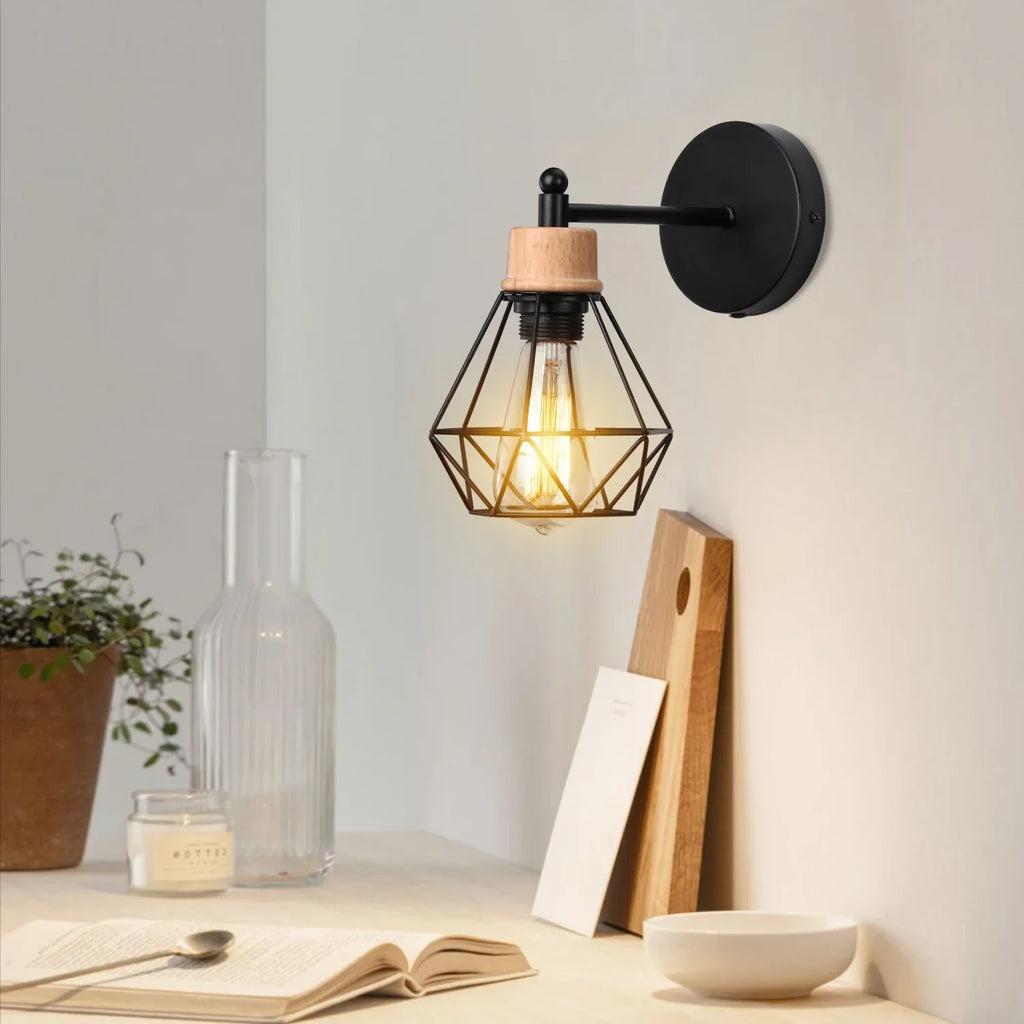 Black Wooden Wall Light Modern E27 LED Sconce Living Room Decor