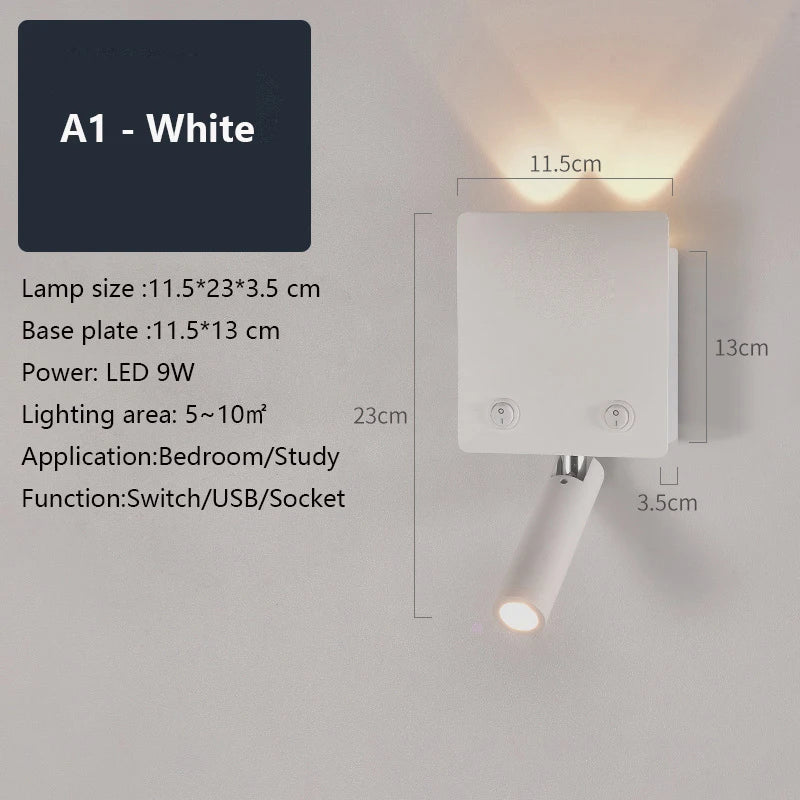 Rotatable LED Wall Sconce Lamp with USB Port & Socket for Bedrooms, Restaurants - White/Black