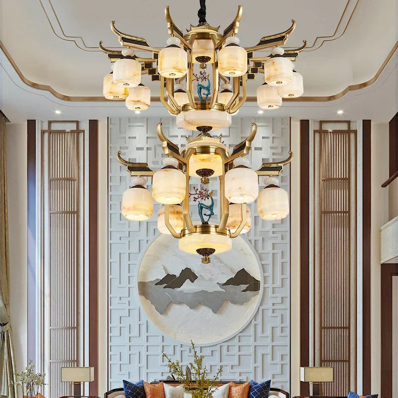All Copper Jade Chandelier for Villa Living Room, Dining Room - Chinese Style Duplex Copper Lamp